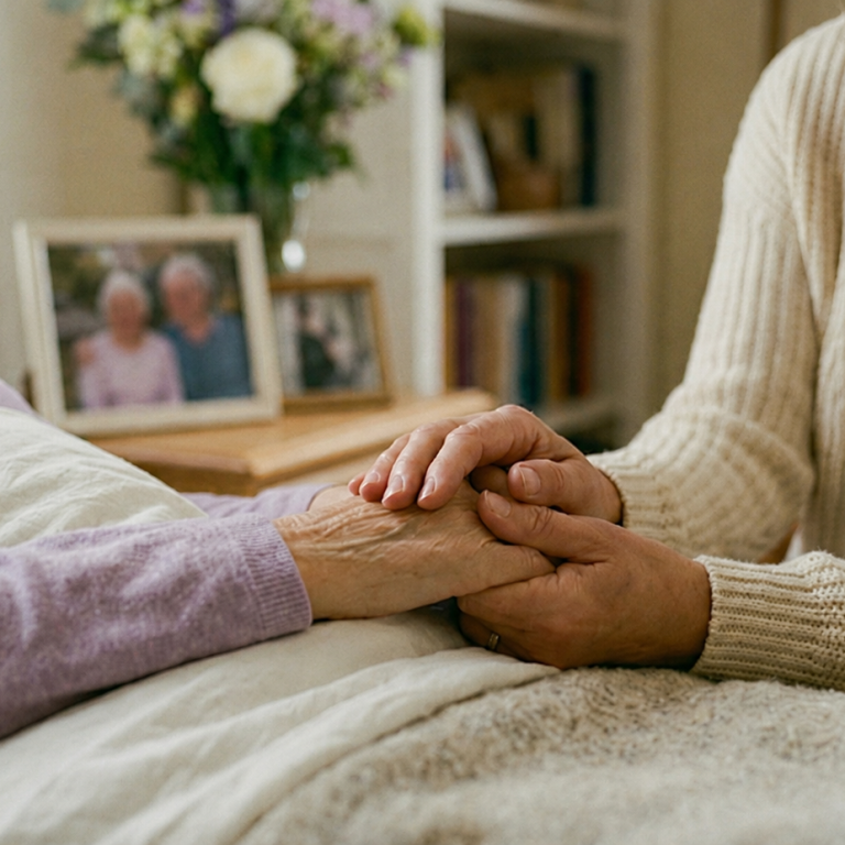 TouchLife® Mobile Massage Zwei Hände halten sich sanft, im Hintergrund ein Bilderrahmen mit Fotos.